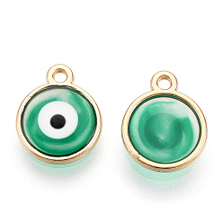 Green Epoxy Resin Enamel Evil Eye Charms, with Rack Plating Light Gold Tone Alloy Open Back Bezel, Cadmium Free & Nickel Free & Lead Free, Green, 12.5x10x1.5~2.5mm, Hole: 1.2mm