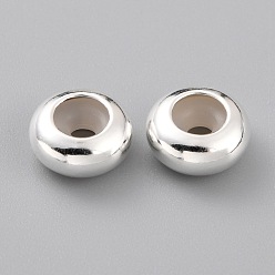 925 Sterling Silver Plated Brass Beads, with Rubber Inside, Slider Beads, Stopper Beads, Long-Lasting Plated, Rondelle, 925 Sterling Silver Plated, 8x4mm, Rubber Hole: 2mm