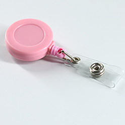 Pink ABS Plastic Badge Reel, Retractable Badge Holder, with Platinum Iron Bobby Clip, Flat Round, Pink, 86x32x16mm
