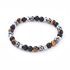 Snowflake Obsidian Stretch Bracelets, with Electroplate Glass Beads, Non-Magnetic Synthetic Hematite, Natural Black Agate(Dyed) and Natural Tiger Eye Beads, 2-1/8 inch(5.5cm)