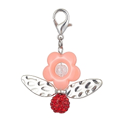 Dark Salmon Acrylic Flower Pendant Decoration, with Polymer Clay Rhinestone Beads and Zinc Alloy Lobster Claw Clasps, 52mm