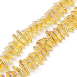 Yellow Electroplate Transparent Glass Beads Strands, Rainbow Plated, Triangle, Yellow, 9x15.5~16mm, Hole: 1mm, about 120pcs/strand, 24.57~25.67''(62.4~65.2cm)