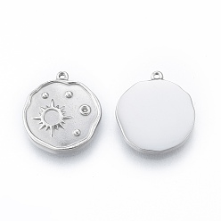 Stainless Steel Color 304 Stainless Steel Pendant Rhinestone Settings, Flat Round with Sun, Stainless Steel Color, Fit for 1mm Rhinestone, 17x15x3mm, Hole: 1mm