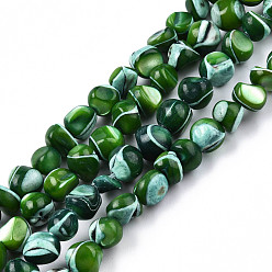 Vert Foncé Brins de perles de coquille de trochid / trochus shell, teint, nuggets, vert foncé, 7~12x5~10x4~8mm, Trou: 1mm, Environ 60~64 pcs/chapelet, 15.16 pouces ~ 15.75 pouces (38.5~40 cm)