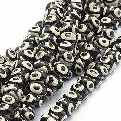 3-Eye Tibetan Style 3-Eye dZi Beads Strands, Natural Agate Beads, Dyed & Heated, Rondelle, Black, 11.5~12.5x6~8mm, Hole: 1.6mm, about 47pcs/strand, 13.3 inch(34cm)