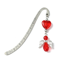 Red Glass Bead Heart Angel Bookmarks, Tibetan Style Alloy Hook Bookmarks, Red, 83x15mm