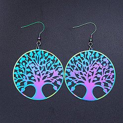 Rainbow Color 201 Stainless Steel Dangle Earrings, Tree of Life, Rainbow Color, 71x45mm, Pin: 0.7mm