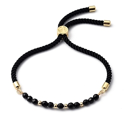 Black Agate Adjustable Slider Bracelets, Nylon Cord Bracelets, with Natural Black Agate Beads and Brass Beads, Golden, Inner Diameter: 3/4 inch~3-3/4 inch(2~9.5cm)