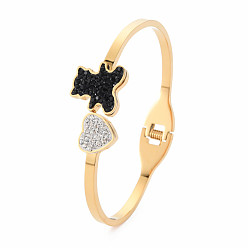 Golden Rhinestone Bear & Heart Bangle, Stainless Steel Hinged Bangle with Polymer Clay for Women, Golden, Inner Diameter: 1-7/8x2-1/4 inch(4.8x5.8cm)