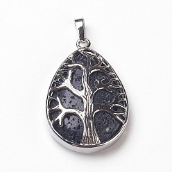 Lava Rock Natural Lava Rock Pendants, with Brass Findings, Teardrop with Tree of Life, Platinum, 39x25.5x7mm, Hole: 7.5x5mm