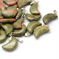Unakite Moon Natural Unakite Pendants, with Platinum Tone Brass Findings, 21~24x12~14x5~6mm, Hole: 2x7mm