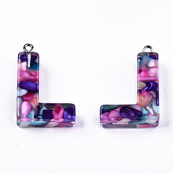 Letter L Transparent Epoxy Resin Pendants, with Shell Slices and Loops, Alphabet, Letter.L, 30x20x8mm, Hole: 1.6mm