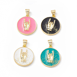 Mixed Color Rack Plating Brass Enamel Pendants, with Glitter Powder, Long-Lasting Plated, Real 18K Gold Plated, Flat Round with Rock Hand Gesture Charm, Mixed Color, 21.5x16.5x3.5mm, Hole: 4x3mm