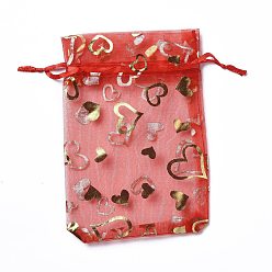 Red Organza Drawstring Jewelry Pouches, Wedding Party Gift Bags, Rectangle with Gold Stamping Heart Pattern, Red, 15x10x0.11cm