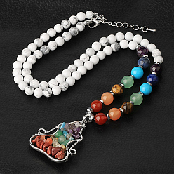 Howlite Synthetic Howlite 7 Chakra Yoga Meditation Pendant Necklace, Reiki Yoga Stone Bead Necklace for Men Women, 31.89 inch(81cm), Pendant: 4.9x3.3x0.5cm