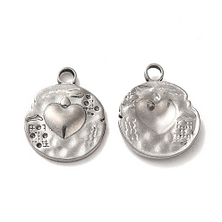Stainless Steel Color Valentine's Day 304 Stainless Steel Pendants, Flat Round with Heart Charm, Stainless Steel Color, 19.5x16x2.5mm, Hole: 2.5mm