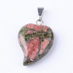 Unakite Natural Unakite Pendants with Brass Findings, Heart, 21~23x14~15x5~6mm, Hole: 2x6mm