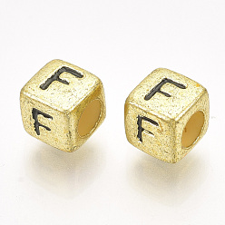 Letter F Acrylic Beads, Horizontal Hole, Metallic Plated, Cube with Letter.F, 6x6x6mm, 2600pcs/500g