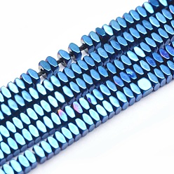 Blue Plated Electroplate Non-magnetic Synthetic Hematite Beads Strands, Vacuum Plating, Faceted, Square, Blue Plated, 2x2x1mm, Hole: 0.6mm, about 406pcs/strand, 15.7 inch(40cm)