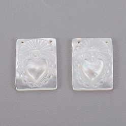 Coquillage Blanc Pendentifs en nacre blanche naturelle, rectangle avec le coeur, 15.5x11.5x2.2mm, Trou: 0.7mm