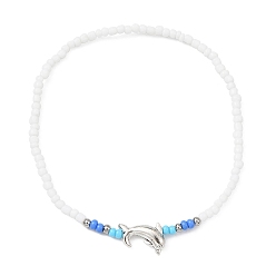 Blanc Bracelet de cheville extensible en perles de dauphin et de graines en alliage de style tibétain pour femmes, blanc, diamètre intérieur: 2-1/2 pouce (6.5 cm)