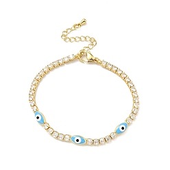Deep Sky Blue Enamel Horse Eye Link Bracelet with Clear Cubic Zirconia Tennis Chains, Gold Plated Brass Jewelry for Women, Cadmium Free & Lead Free, Deep Sky Blue, 7 inch(17.7cm)