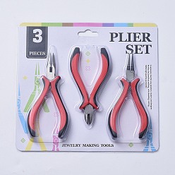 Red Carbon Steel Jewelry Plier Sets, Ferronickel, Round Nose, Side Cutting Pliers and Wire Cutters, Red, 110~130x45~80mm