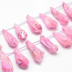 Бледно-Розовый Гальванические природный кристалл кварца бусы пряди, сверху просверленные бусы, окрашенные, слеза, розовый жемчуг, 27~34x8~12x5~9 мм, отверстие : 1.5 мм, около 22 шт / нитка, 14.3 дюйм