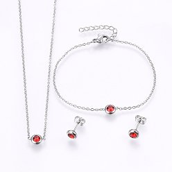 Stainless Steel Color 304 Stainless Steel Jewelry Sets, Pendant Necklaces & Stud Earrings & Bracelets, with Rhinestones, Flat Round, Red, Stainless Steel Color, 16.54 inch(42cm), 6-3/4 inch(17cm), 6.5x3.5mm, Pin: 0.8mm