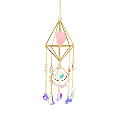 Rose Quartz Golden Iron Wind Chime, with Natural Rose Quartz, Crystal, for Outside Yard and Garden Decoration, 450mm, Hole: 11mm