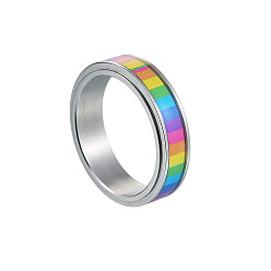 Stainless Steel Color Rainbow Color Pride Flag Enamel Rectangle Rotating Ring, Stainless Steel Fidge Spinner Ring for Stress Anxiety Relief, Stainless Steel Color, US Size 5(15.7mm)