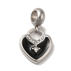 Black 304 Stainless Steel Enamel European Dangle Charms, Large Hole Pendants with Crystal Rhinestone, Heart, Stainless Steel Color, Black, 25mm, Pendant: 16x14x3mm, Hole: 4.5mm