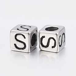 Antique Silver 304 Stainless Steel Large Hole Letter European Beads, Cube with Letter.S, Antique Silver, 8x8x8mm, Hole: 5mm