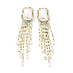 Rectangle Crystal Rhinestone Dangle Stud Earrings with Imitation Pearl, Brass Long Tassel Earrings with 925 Sterling Silver Pins for Women, Light Gold, Rectangle Pattern, 95mm, Pin: 0.8mm