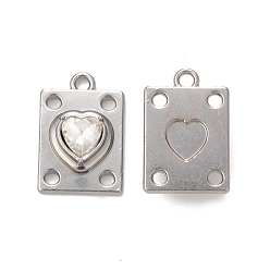 Clear Rack Plating Alloy Glass Pendants, Platinum, Rectangle with Heart Charms, Clear, 19.5x12.5x5mm, Hole: 1.8mm