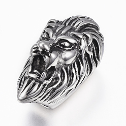 Antique Silver 304 Stainless Steel Magnetic Clasps with Glue-in Ends, Lion Head, Antique Silver, 34x18.5x22mm, Hole: 8~10.5mm