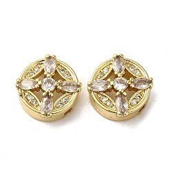 Real 18K Gold Plated Rack Plating Brass Micro Pave Cubic Zirconia Beads, Long-Lasting Plated, Lead Free & Cadmium Free, Flat Round with Cross, Real 18K Gold Plated, 11.2x11.2x5.5mm, Hole: 1.6mm