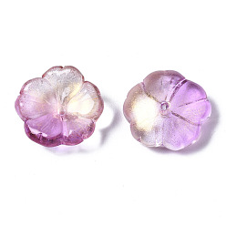 Prune Perles de verre peintes par pulvérisation transparent, avec de la poudre de paillettes, deux tons, fleur, prune, 15x15x6mm, Trou: 1.2mm