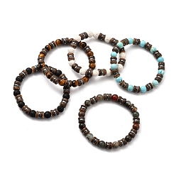 Mixed Stone Natural & Synthetic Gemstone Stretch Bracelets, with Natural Coconut Beads and Non-magnetic Synthetic Hematite Beads, Inner Diameter: 2-1/8 inch(5.5cm)