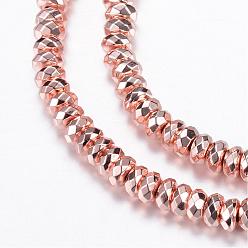 Rose Gold Plated Electroplate Non-magnetic Synthetic Hematite Bead Strands, Rondelle, Faceted, Rose Gold Plated, 5.5~6x3mm, Hole: 1~1.5mm, about 130pcs/strand, 15.7 inch