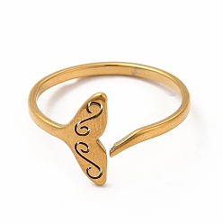 Золотой 304 открытое манжетное кольцо из нержавеющей стали с хвостом кита для женщин, золотые, внутренний диаметр: 18 мм