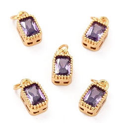 Purple Real 18K Gold Plated Brass Inlaid Cubic Zirconia Charms, with Jump Ring, Long-Lasting Plated, Rectangle, Purple, 9.5x5x3.5mm, Jump Ring: 4x0.5mm, 2.5mm Inner Diameter