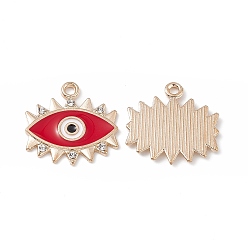 Red Alloy Rhinestone Pendants, Light Gold, Enamel Style, Evil Eye Charm, Red, 19x19x1.5mm, Hole: 1.6mm