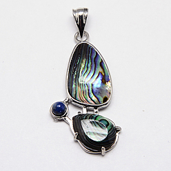 Colorful Abalone Shell/Paua Shell Pendants, with Lapis Lazuli Beads and Brass Pendant Settings, teardrop, Platinum Metal Color, Colorful, 43.5x21x4.5mm, Hole: 7x4mm