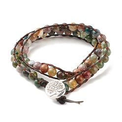 Agate Indienne Perles rondes en agate indienne naturelle 2 bracelet enroulé brut, Bracelet enveloppant en cuir à breloque arbre de vie pour fille femme, 16-1/2 pouce (42 cm)