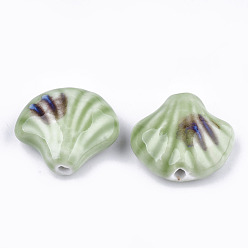 Medium Aquamarine Handmade Porcelain Beads, Fancy Antique Glazed Porcelain, Shell, Medium Aquamarine, 28~29x32~33x12.5~14mm, Hole: 3~3.5mm
