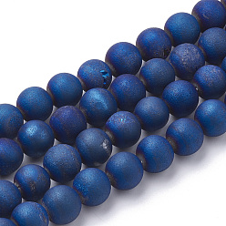 Blue Plated Electroplate Natural Druzy Geode Weathered Agate Beads Strands, Frosted, Dyed, Round, Blue Plated, 7.5~8mm, Hole: 1~1.5mm, about 44~46pcs/strand, 14.5~15 inch