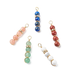 Mixed Stone Natural Mixed Gemstone Pendants, with Golden Tone Copper Wire Wrapped and Brass Crystal Rhinestone Spacer Beads, Round Charm, Mixed Dyed and Undyed, 32x6.5mm, Hole: 3mm