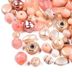 Pink Acrylic Beads, Mixed Shapes, Pink, 5.5~28x6~20x3~11mm, Hole: 1~5mm