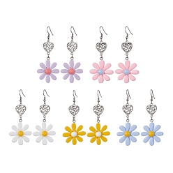 Mixed Color Resin Flower & Alloy Heart Dangle Earrings with 304 Stainless Steel Pins, Mixed Color, 72x28.5mm